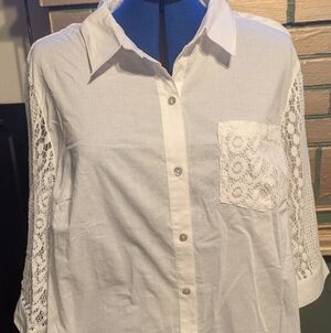 Catherines White Button Front Blouse Lace Sleeves Hi-Low Hem Plus Size 0X